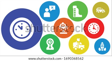 speed icon set. 9 filled speed icons. Included Wall clock, Salesman, Waterpark, Clocks, Van, Car, Rocket launch icons