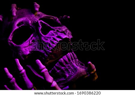 Human skull analog cradled in boney fingers and bathed in purple light. It is set on the left side of the frame facing up. It is dimly lit on a black background.