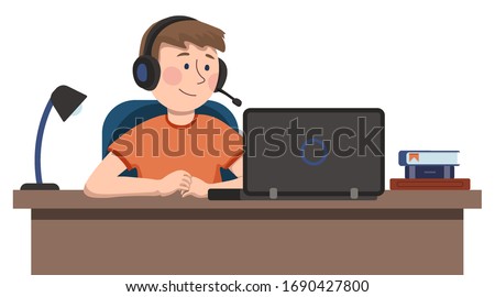 vector Illustration in cartoon style. light brown hair pupil studying on notebook at home. Student in headphone and microphone use laptop for taking online courses. quarantine homeschooling Concept