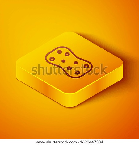 Isometric line Sponge with bubbles icon isolated on orange background. Wisp of bast for washing dishes. Cleaning service logo. Yellow square button. Vector Illustration