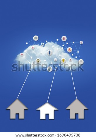 White Cloud with many computer symbol icons with Lines Connection from house on Bright Blue SKy Background, Work from home on Cloud Computer System Concept