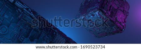 Abstract futuristic metal cube. Science fiction block design. 3D rendering Royalty-Free Stock Photo #1690523734