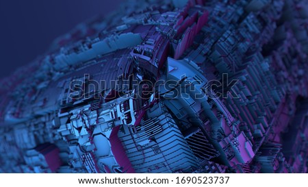 Abstract futuristic metal cube. Science fiction block design. 3D rendering