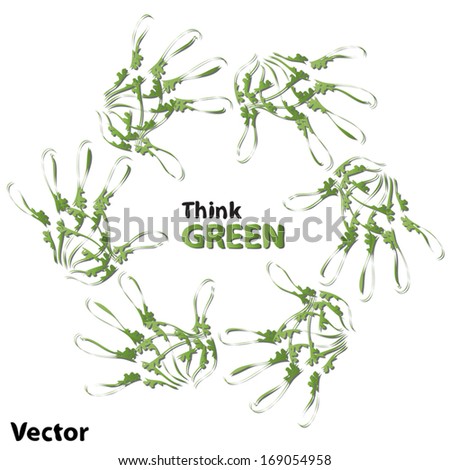 Vector concept or conceptual human child abstract green ecology hand print symbol of leafs, isolated on white background, metaphor to nature, environment, recycle, bio, conservation, friendship, unity