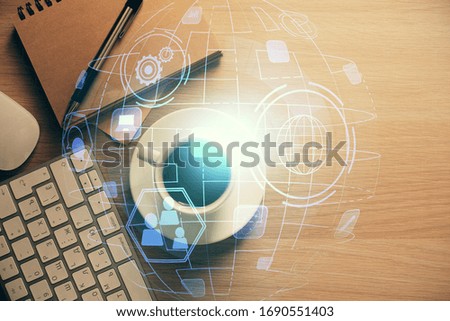 Double exposure of social network theme drawing and work table top veiw. Concept of international connection.