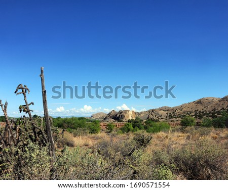 Scenic Cerrillos hills, cactus and rustic wooden post form views from town of Cerrillos, New Mexico. Royalty-Free Stock Photo #1690571554