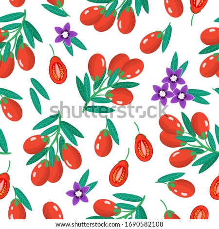 Vector cartoon seamless pattern with Lycium barbarum or Goji exotic fruits, flowers and leafs on white background for web, print, cloth texture or wallpaper Royalty-Free Stock Photo #1690582108