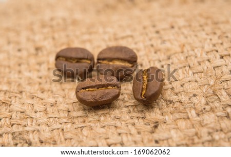 Coffee beans on sacking background