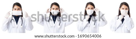 Set of photos young and beautiful good looking woman in lab coat doctor dress isolated on white background showing and demonstrating the correct steps on how to wear medical hygiene protective mask.