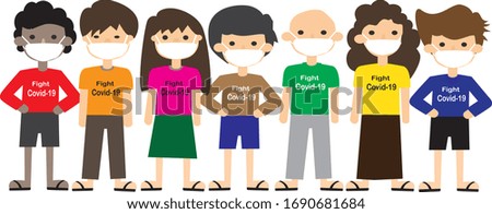 Group of child wearing medical masks to prevent disease, flu, air pollution, contaminated air, world pollution. Vector illustration in a flat style