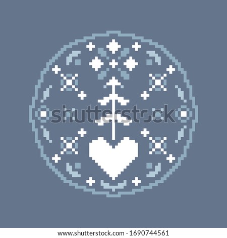 Round floral folk ornament in european scandinavian style, pixel effect of embroidery. Stock vector illustration for web and print, textile, patterns of embroideries and postcards 