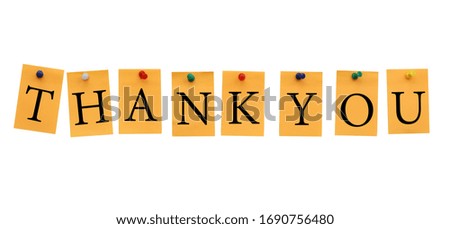 Thank you, the brown paper card. The words hang by pin. Front view. Isolated on white background