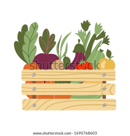 box with vegetables. Mesh eco bag full of vegetables isolated on white background. Modern shopper with fresh organic food from local market. Vector illustration in flat cartoon style. Royalty-Free Stock Photo #1690768603