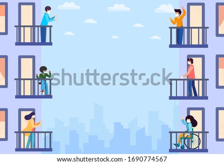 Concept of social isolation during coronavirus pandemic. People on the balcony during quarantine in medical mask. Neighboring offices of skyscraper. Stay home. COVID-19 banner copy space for text Royalty-Free Stock Photo #1690774567