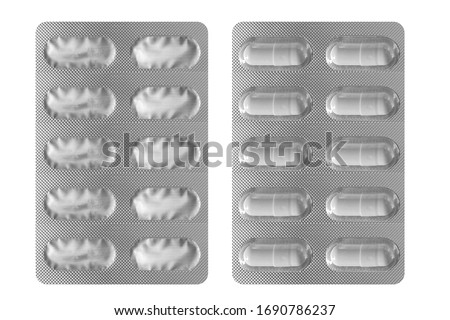 White medicine tablet in blister pack with front and back pack packaging on white background. High resolution photo have clipping path . Royalty-Free Stock Photo #1690786237
