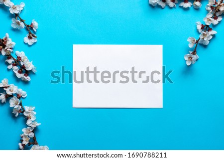 white envelope on a blue background with a frame of flowering tree branches. place for text