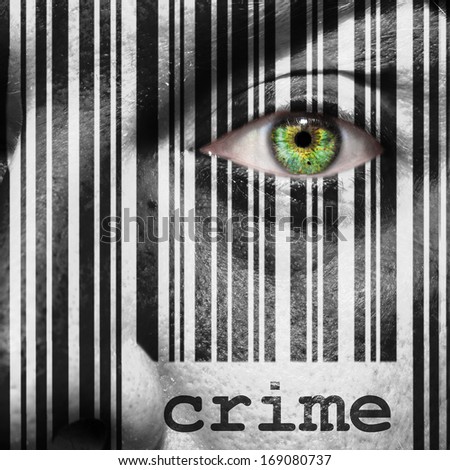 Barcode with the word crime as concept superimposed on a man's face