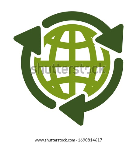 Planet and recycling symbol, world Earth day isolated icon vector. Ecology and environment, saving and protection, emblem or logo. Eco friendly activity, plant trees and recycle garbage, clean air