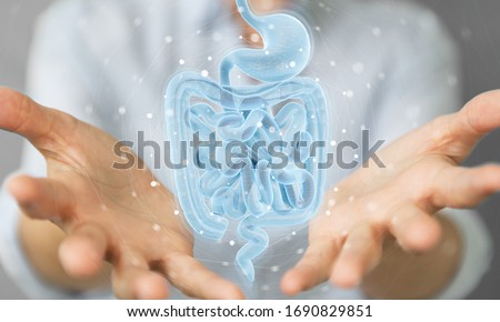 Woman on blurred background using digital x-ray of human intestine holographic scan projection 3D rendering Royalty-Free Stock Photo #1690829851