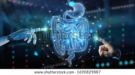 Robot on blurred background using digital x-ray of human intestine holographic scan projection 3D rendering Royalty-Free Stock Photo #1690829887