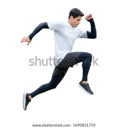 young fitness man in sportwear running isolated on white background with clipping path. exercise runner , jumping guy , workout ,sport ,training. side view Royalty-Free Stock Photo #1690831759