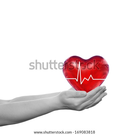 Concept or conceptual 3D red human heart sign or symbol held in human man or woman hands isolated on white background, metaphor to health,care,medicine,protect,life,medical,pulse,healthcare cardiology