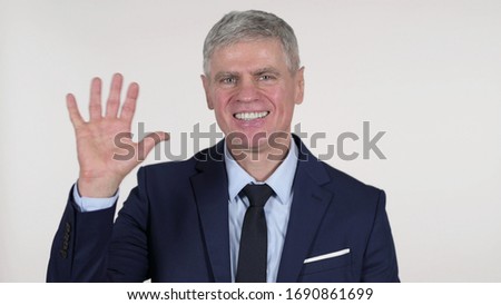 Senior Businessman Waving Hand to Welcome on White Background