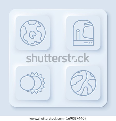 Set line Earth globe, Astronaut helmet, Eclipse of the sun and Falling stars. White square button. Vector