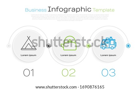 Set line Tourist tent, Kettle with handle and Rv Camping trailer. Business infographic template. Vector