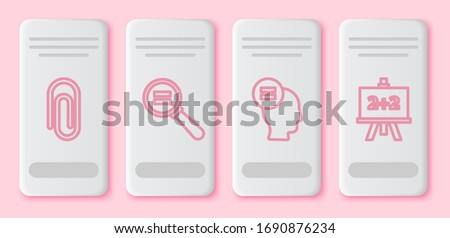 Set line Book with word mathematics, Paper clip, Test or exam sheet and Calculator. White rectangle button. Vector