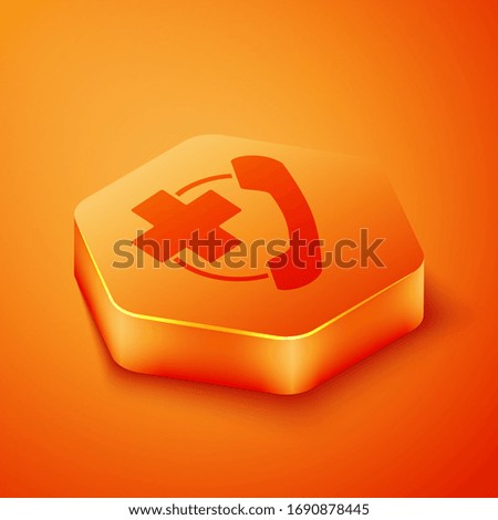 Isometric Emergency phone call to hospital icon isolated on orange background. Orange hexagon button. Vector Illustration