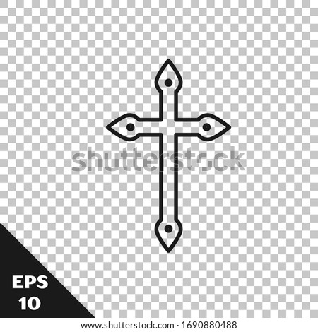 Black line Christian cross icon isolated on transparent background. Church cross.  Vector Illustration