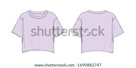 Girl's cropped top design, short sleeve, purple color, flat sketch, front and back views Royalty-Free Stock Photo #1690882747