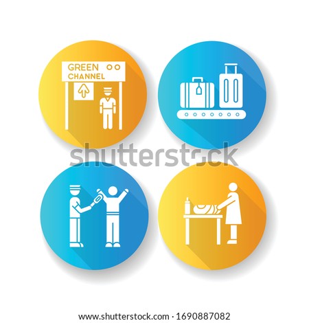 Airport terminal flat design long shadow glyph icons set. Airport terminal checkpoint. Security at entrance. Body scan. Changing table for mother and baby. Silhouette RGB color illustration