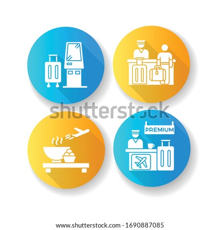 Airport terminal flat design long shadow glyph icons set. Self service kiosk to check in. Boarding registration desk. Aircraft restaurent. Premium lobby entrance. Silhouette RGB color illustration