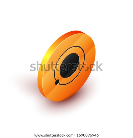 Isometric Artificial satellites orbiting the planet Earth in outer space icon isolated on white background. Communication, navigation concept. Orange circle button. Vector Illustration