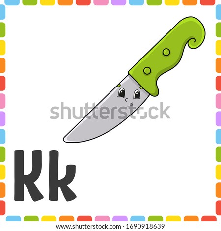English alphabet. Letter K - knife. ABC square flash cards. Cartoon character isolated on white background. For kids education. Developing worksheet. Learning letters. Color vector illustration.