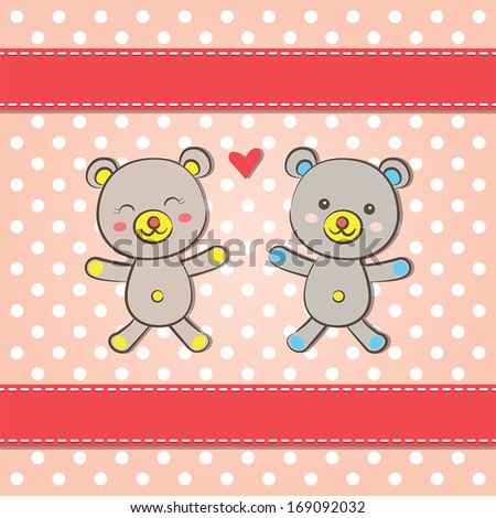 cute happy teddy bear couple on polka dot background with ribbons. vector.