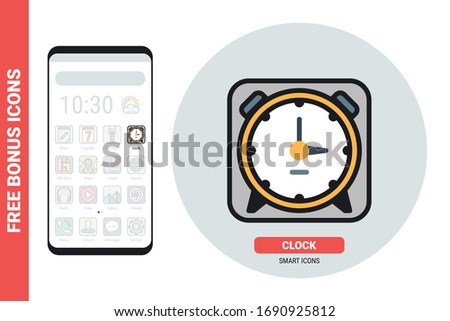 Alarm clock or timer application icon for smartphone, tablet, laptop or other smart device with mobile interface. Simple color version. Contains free bonus icons