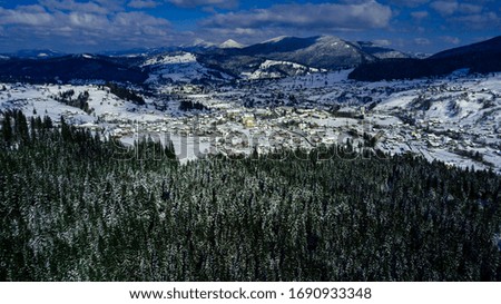 Coniferous pine forest mountain Carpathian mountains aerial photography snow.