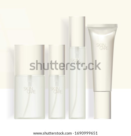 Vector White and Beige mini beauty travel set white Clear Bottle and Hand Cream Tube.
