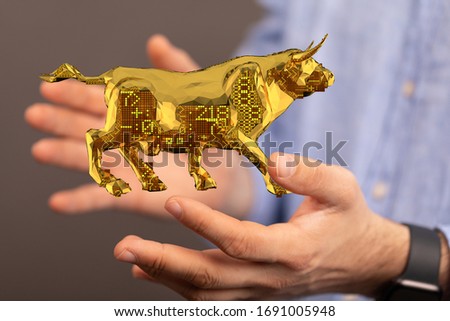 Bull shapes that look like made of origami paper with symbols of stock market trends on them. illustration.
