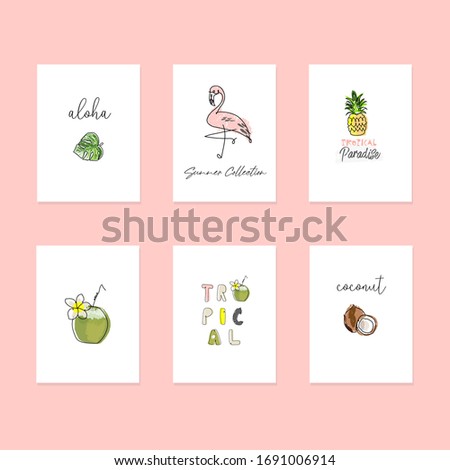 cute tropical set of different stickers with wild birds, exotic fruits, flowers and leaves. Summer cartoon doodle hand drawn vector elements