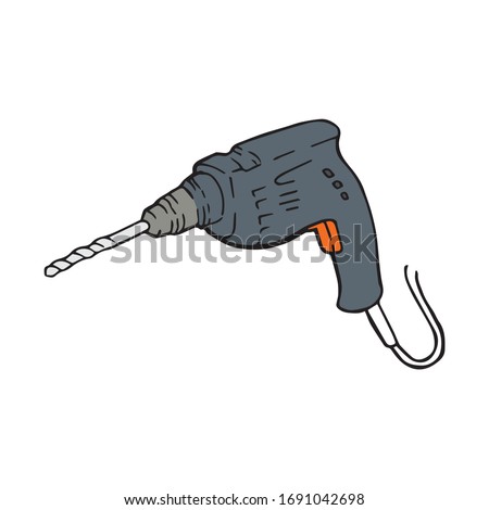 Electric drilling machine, hand drawn vector illustration. Power drill small and simple house device, logo symbol. Construction work screwdriver equipment cartoon drawing sketch. 