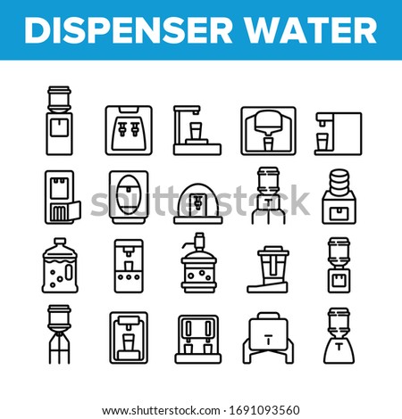 Dispenser Water Tool Collection Icons Set Vector. Dispenser Water Electronic Equipment And With Manual Pump, Cooling And Heating Device Concept Linear Pictograms. Monochrome Contour Illustrations Royalty-Free Stock Photo #1691093560