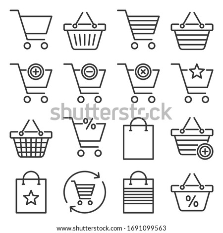 Shopping Cart and Bags Icons Set on White Background. Line Style Vector