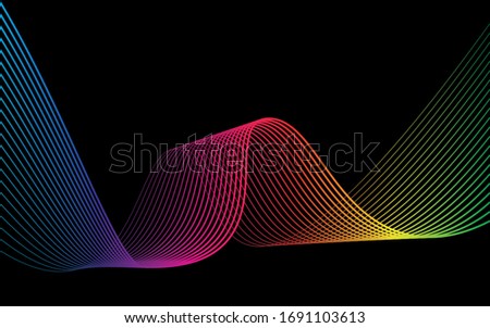 Abstract moving lines. Wavy graphics. Tape on a black background. Rainbow