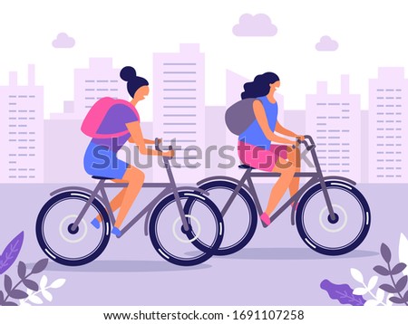 women ride bicycle in the city vector illustration