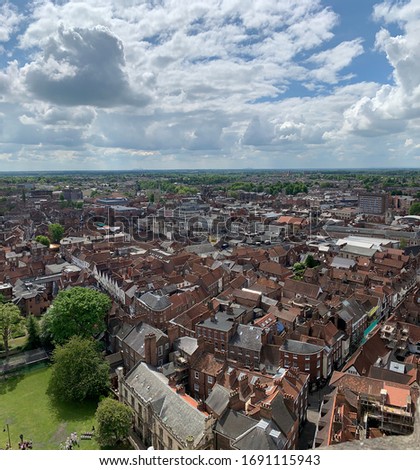Aerial view of York a walled city in Yorkshire England. Home of York Minster. City views and beyond.  