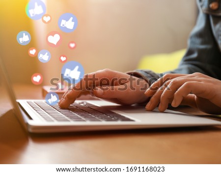 Blogger working with laptop in cafe, closeup Royalty-Free Stock Photo #1691168023